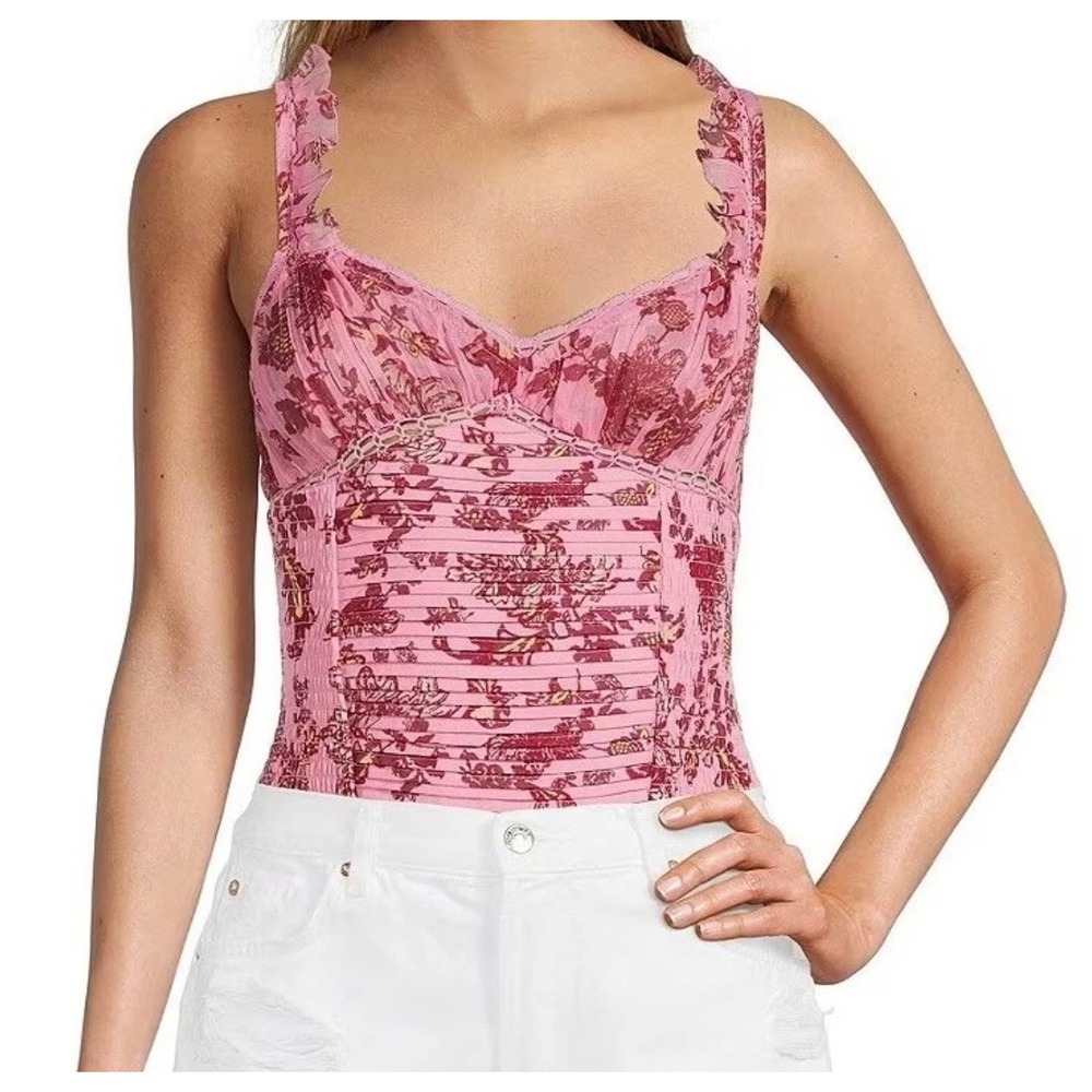Free People L Weekend Plans Hot Pink Combo Bodysuit Floral Ruffle OB1125218